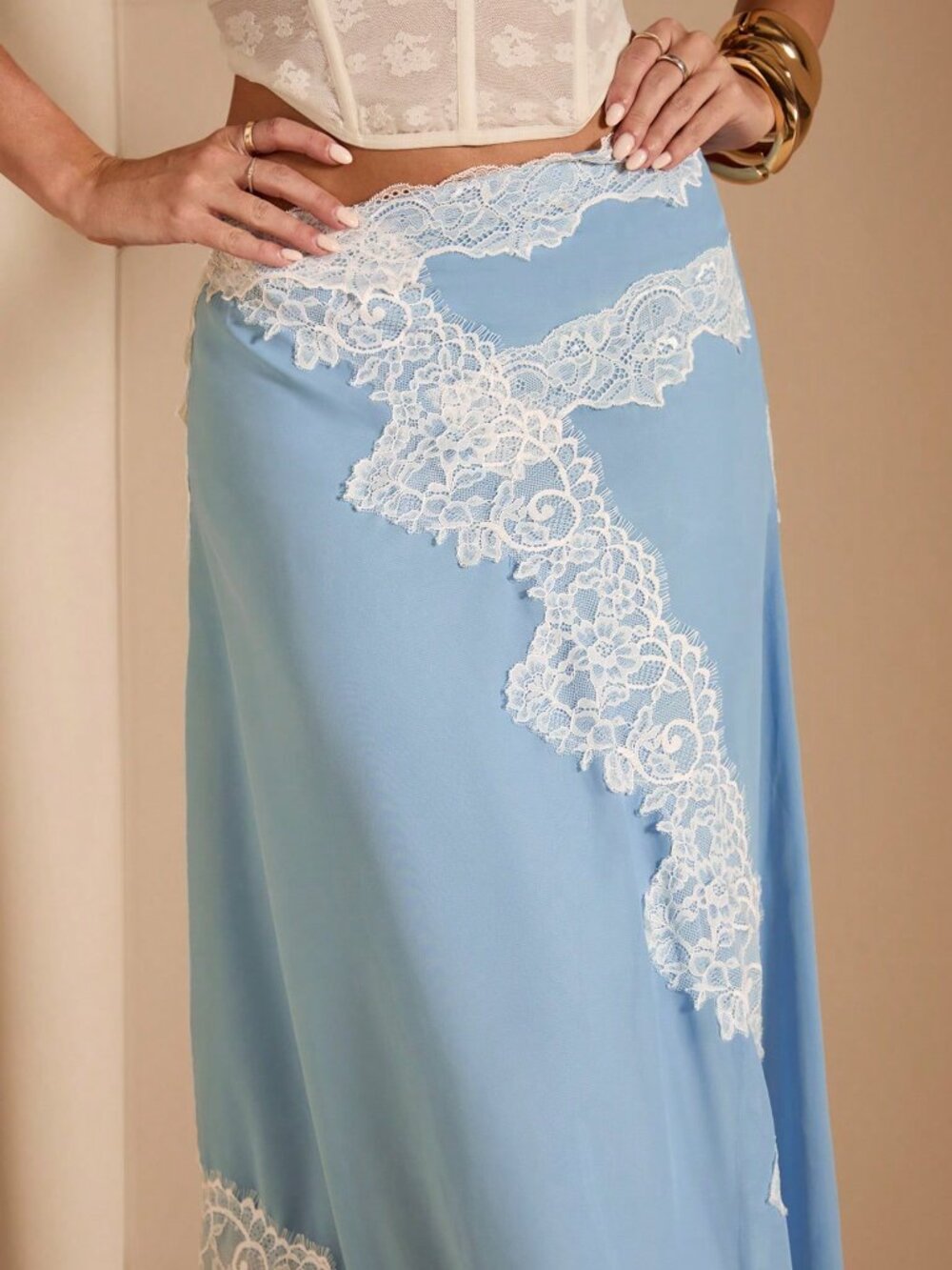 Baby Blue Elegant Women's Lace Trim Chiffon Skirt - Picture 8 of 8